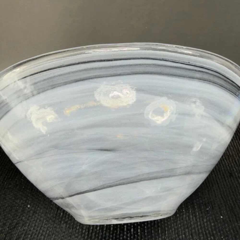 Venetian‎ Art Glass Curved Dish Bowl Recycle Glass Black Swirl Pattern Italy VTG
